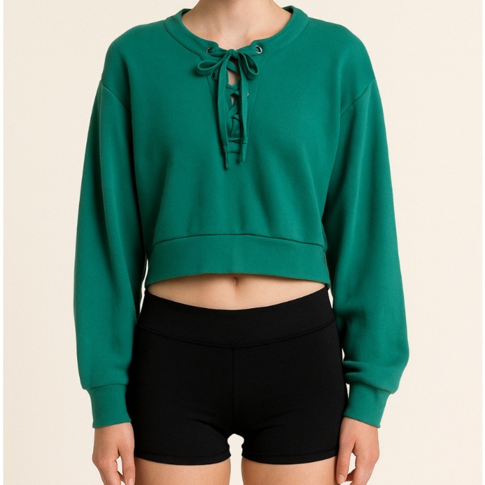 Victoria’s Secret Kelly Green Long Sleeve Semi Crop Sweatshirt Lace Up Front Sm